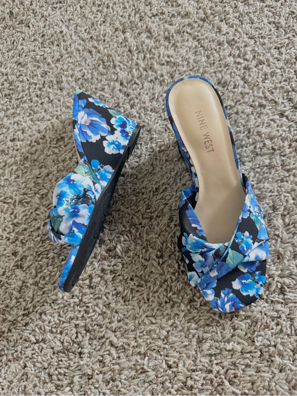 Nine West Blue Floral Knot Wedge Slide Sandals